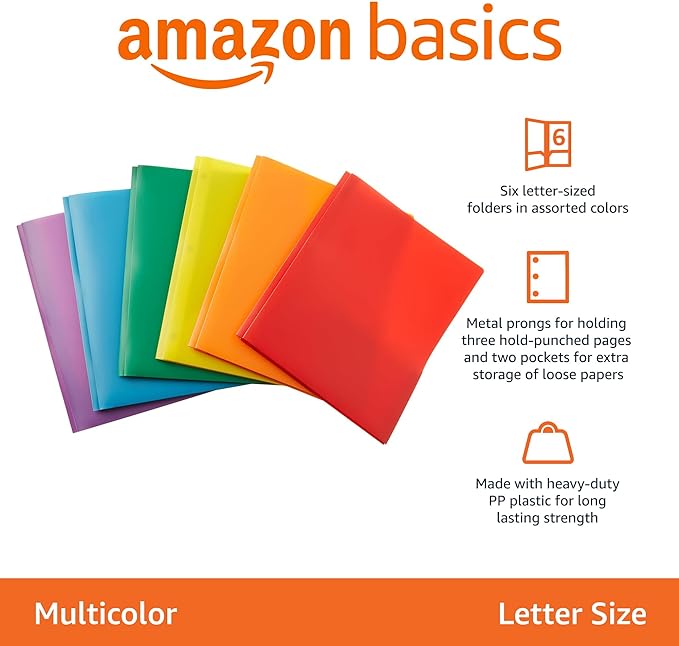 Amazon Basics Heavy Duty Plastic Folders with 2 Pockets for Letter Size Paper, Assorted Colors, Pack of 6