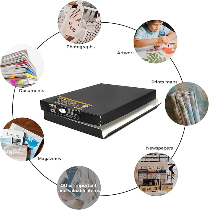 Lineco Museum Archival Storage Box, 11.75x15.25x1.5 in. Drop Front Design. Acid-Free with Metal Edge. Organize Photos, Pictures, Prints, Documents, Crafts, DIY. Black, 2 Pack