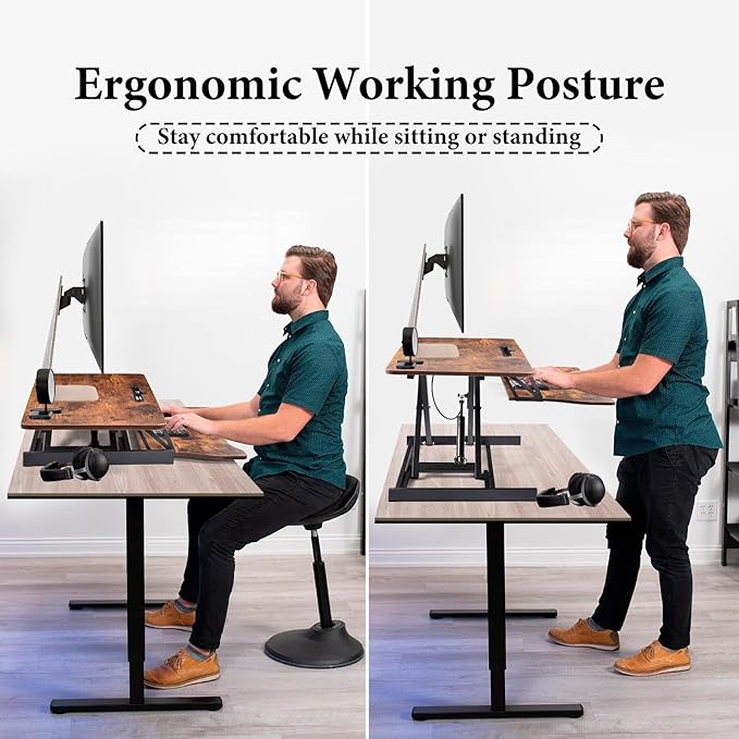 37 Inch Standing Desk Converter - Manual Pneumatic Spring, Two Monitor Stable Standing Desk Converter, 5.9"to18.8"Height Adjustable Laptop Workstation With Keyboard Tray For Home, Company(Tiger Brown)