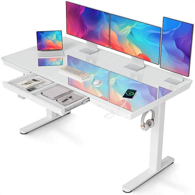 Claiks Glass Standing Desk with Drawers, 55 Inch Adjustable Stand Up Desk, Quick Install Home Office Computer Desk with USB Ports, White