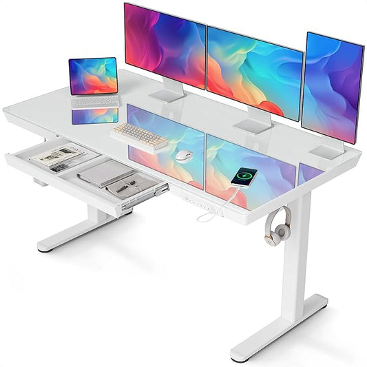 Claiks Glass Standing Desk with Drawers, 55 Inch Adjustable Stand Up Desk, Quick Install Home Office Computer Desk with USB Ports, White