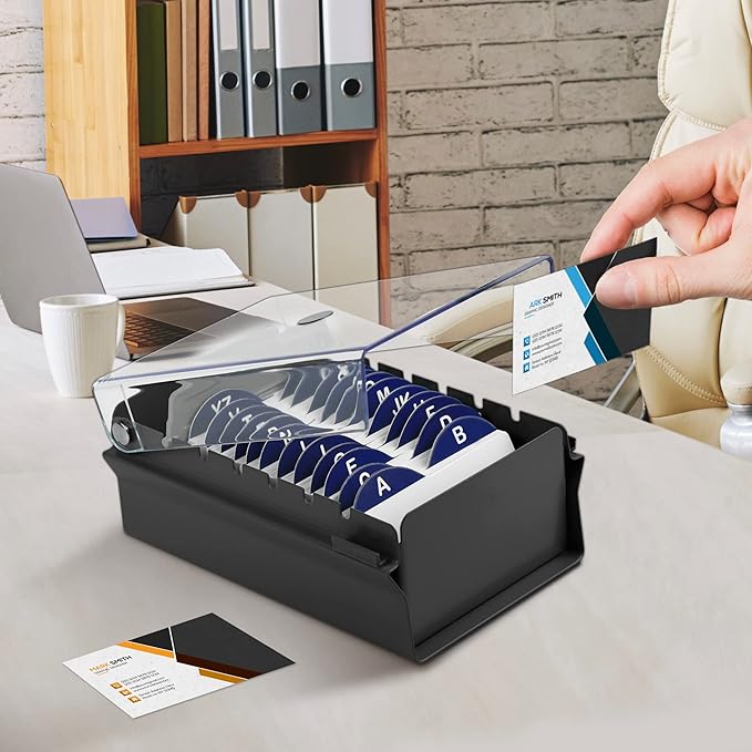 Acrimet Index Business Card Size File Holder Organizer Box Metal Base Heavy Duty (AZ Index Cards and Divider Included) (Black Color with Clear Crystal Plastic Lid Cover)