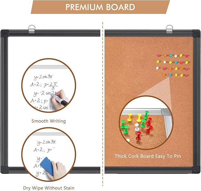 maxtek Combination White Board & Bulletin Cork Board 24 x 18 Whiteboard Magnetic, Combo Dry Erase Board with Black Aluminum Frame, 2' x 1.5' Hanging Message Board Wall Mounted for Homeschool Office
