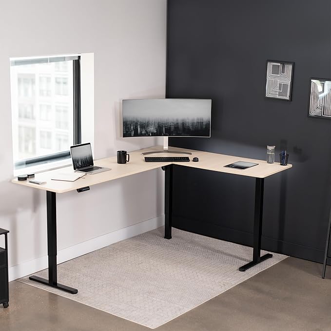 VIVO Electric Corner 84 x 63 inch L-Shaped Standing Desk, Memory Height Adjustment, Light Wood Top Black Frame, DESK-E3CTBC-84