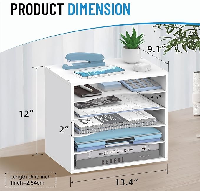 SHARKWOODS 5-Tier Wood Desk Organizer, Paper Tray Organizer for Desk with Adjustable Storage Shelves, Desktop File Organization Paper Sorter Mail Holder for Office Home Classroom, White