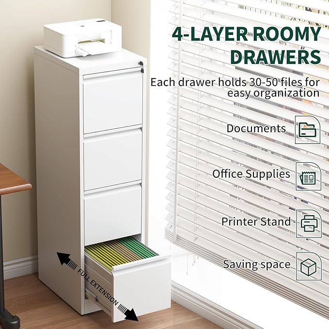 Yukimo 4 Drawer File Cabinet with Lock, Vertical File Cabinet with Lock, Locking File Cabinet Hanging Files for A4/ Legal/Letter, Require Assembly, White