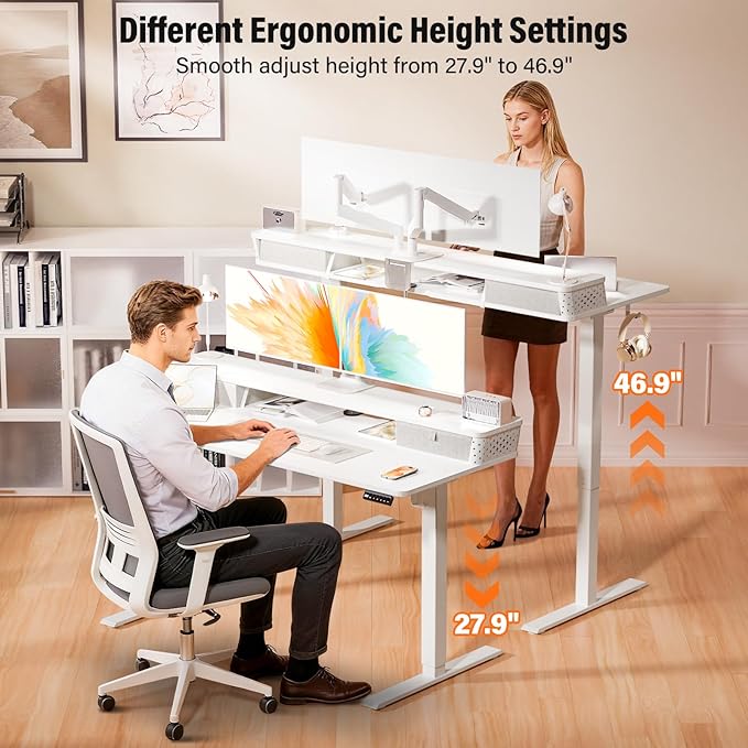 Kingant 55 x 24 Inch Electric Standing Desk with Dual Drawers, Height Adjustable Sit to Stand Computer Desk with Storage Shelf and C-Clamp Mount Compatibility for Home Office, White