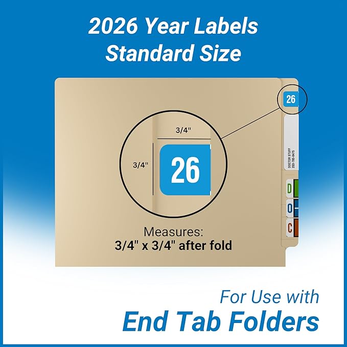 2026 Year Labels, Doctor Stuff 2026 Chart Stickers, Light Blue/White Color Coded, Reynolds & Reynolds Style, USA Made Year Stickers for End Tab File Folders, 500/Roll, 1 Roll, 3/4" x 1-1/2"