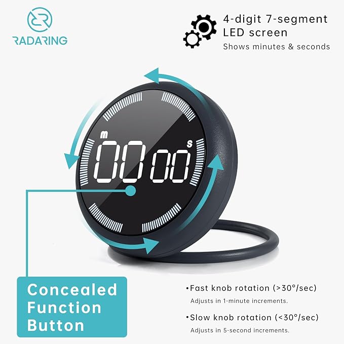 Stell Gray Quick Que Kitchen Timers, Visual timers Large LED Display Magnetic Countdown Countup Timer for Classroom Cooking Fitness Baking Studying Teaching, Easy for Kids and Seniors (Steel Gray)