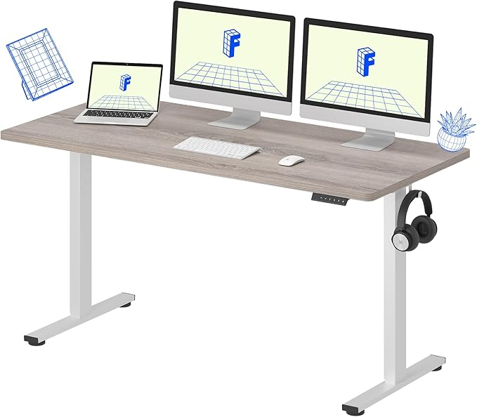 FLEXISPOT EN1 One-Piece Standing Desk with 1-Inch Thick Seamless Desktop, 60"x24" Electric Height Adjustable Desk for Home Office, Multi-Monitor Setups & Easy Assembly, Gray Wood