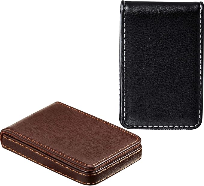 Outus 2 Pieces Business Card Holder, PU Leather Business Card Case Pocket Wallet with Magnetic Shut for Valentines Gift Men Women(Black and Coffee,Classic)