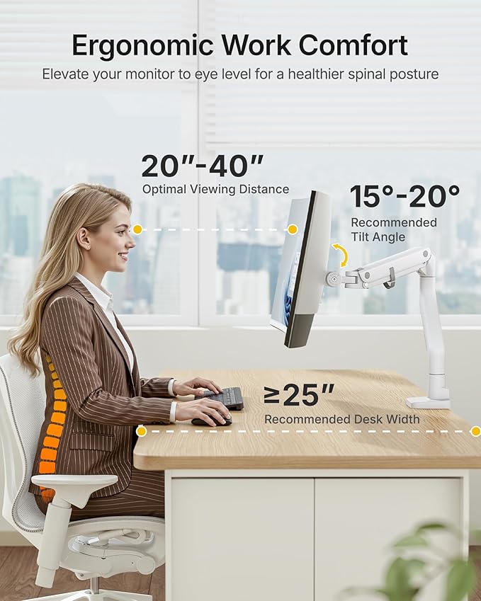 monTEK Heavy-Duty Monitor Arm for 17-57" Ultrawide Curved Screen, Supports up to 59.4 lbs, Adjustable Gas Spring Arm, 75/100 VESA Mount, Clamp & Grommet Desk Monitor Mount Single, White