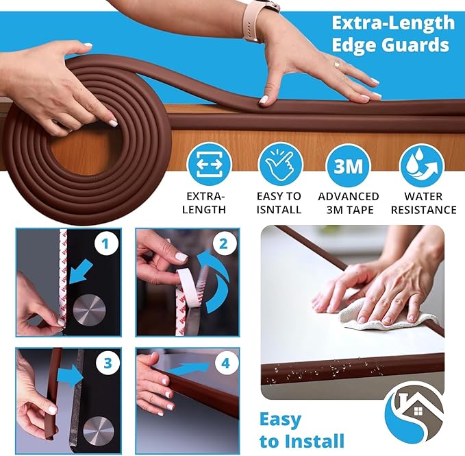 Furniture Edge Guards | 16ft Protective Protective Foam Cushion | Baby Child Proofing Set NonToxic and Safe for Table, Fireplace, Countertop | Brown