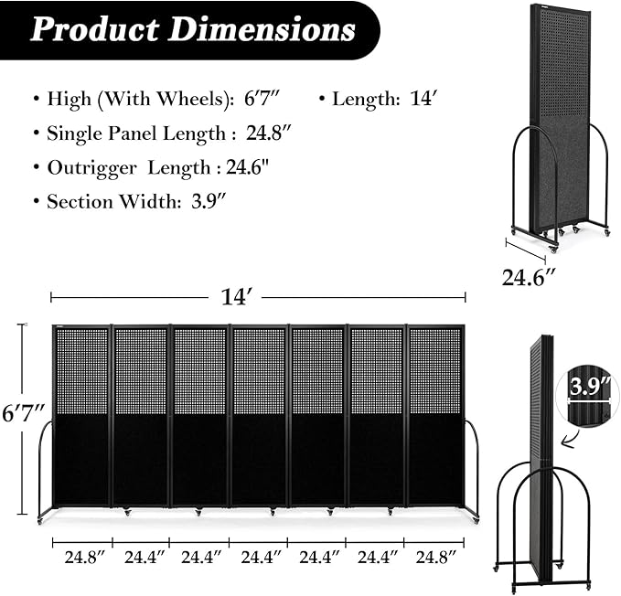 Folding Room Partition,Freestanding Privacy Divider,Portable Office Divider Wall,Commercial Space Partition Screen,Perforated Felt Panel Design,18'5"W x 6'7"H,7 Panel,Black
