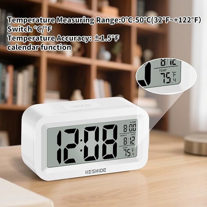 KESHIDE Travel Digital Alarm Clock, Battery Operated with Indoor Temperature, Desk Small Clock,Snooze Model,12/24H Display for Bedrooms Heavy Sleepers Kids Travel Bathroom