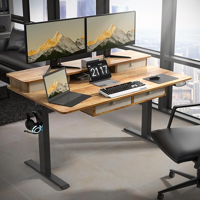 ExaDesk 55 * 30 Inches Electric Standing Widened Desk Adjustable Height with 4 Drawers, Double Storage Shelves Stand Up Desk, Home Office Workstation Sit Stand up Desk (Light Rustic Brown)
