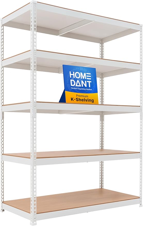 HOMEDANT 47.7" W Deep 5 Tier Heavy Duty Garage Shelving Adjustable Metal Rack Storage Shelves Standing Shelf Unit Organizers Industrial Warehouse Basement White 1Pack