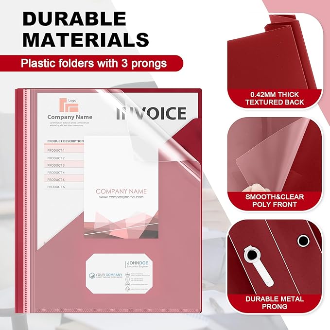 Teling 24 Pcs Clear Front Report Covers with 3 Prongs, Plastic Dark Red Presentation Folders Bulk with 3 Pockets for A4 and Letter Size Paper, 90 Sheet Capacity, Document Covers for School Business