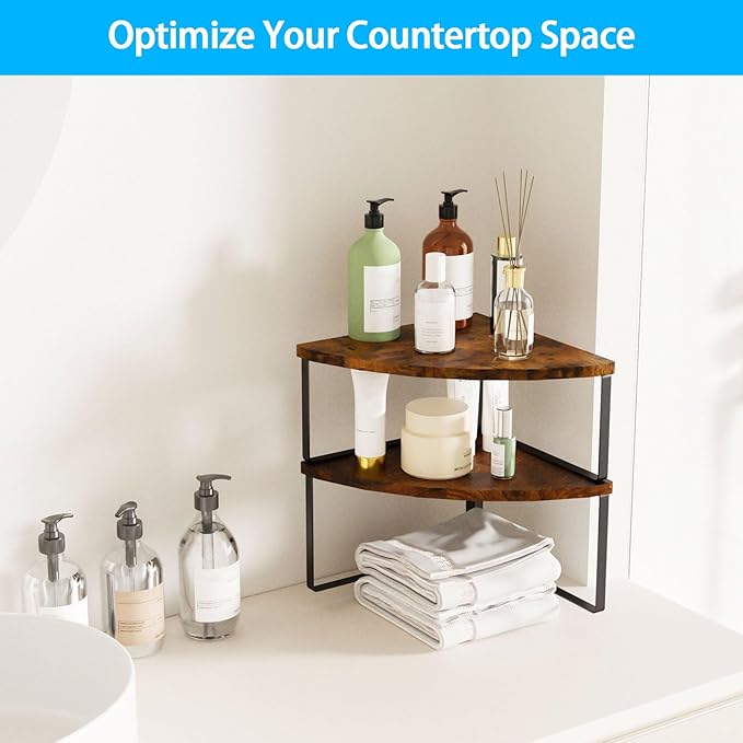 Corner Shelf Countertop Organizer - Set of 2 Corner Shelves for Kitchen Cabinet Organizer, Spice Rack, Stackable Bathroom Organizers and Storage, Sink Rack, Corner Cabinet, Counter Decor, Rustic Brown