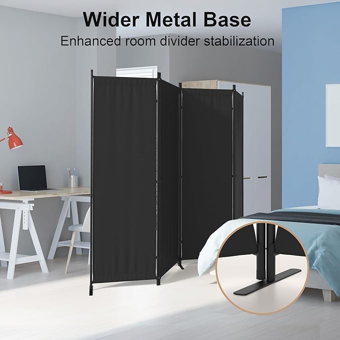 Kecreque Room Divider 4 Panel Partition Room Dividers & Folding Privacy Screens w/ 3 Metal Feet 6FT Portable Wall Doubles as a Dressing Screen Portable Wall for Office Kitchen Children's Room,Black