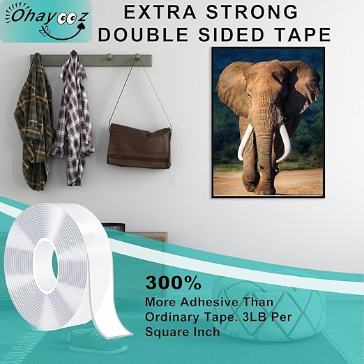 Ohayooz® Extra Strong Double Sided Tape Heavy Duty Removable 30FT, Clear Sticky Adhesive Nano Tape Tough Washable Waterproof Mounting Tape for Hanging Picture, Poster, Carpet, Photo Deco, Pack of 3