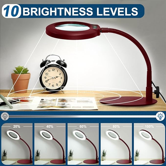 IVMAIE 10X Magnifying Glass with Light, Real Glass Lens, 5 Color Modes Dimmable, Flexible Gooseneck Lighted Magnifier with Stand, LED Desk Lamp Hands Free for Crafts Painting Reading Close Work, Red