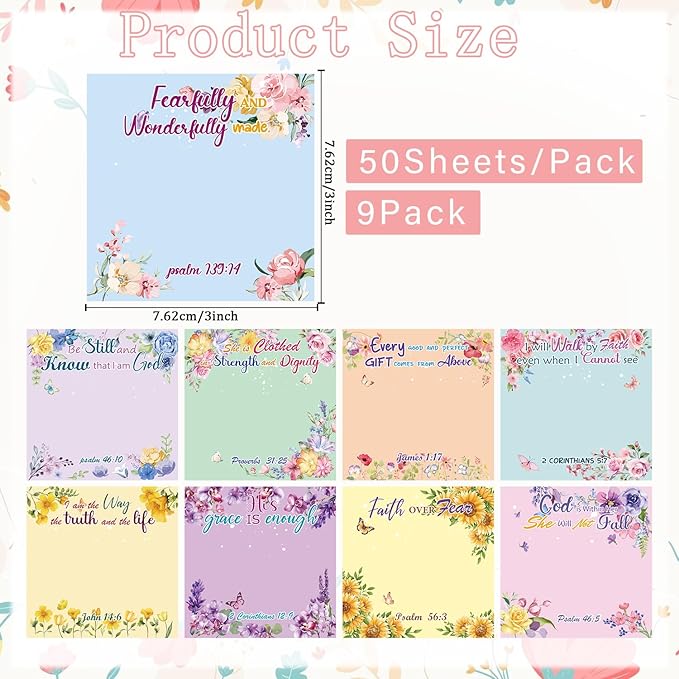 Lovarywow Bible Sticky Notes Gifts - 9 Pack Inspirational Sticky Notes 3x3 Religious Bible Verse Quotes Gifts for Christian Women Biblical Post Notepads School Office Supplies 450 Sheets