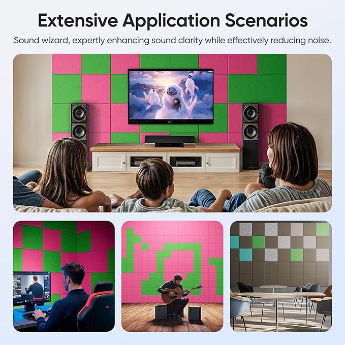 UNECHO 12 Pack 12" X 12" X 0.4" Acoustic Panels for Wall Sound Absorbing, Square Self-Adhesive Sound Panel, High Density Suitable for Multiple Scenarios(Lush Green)