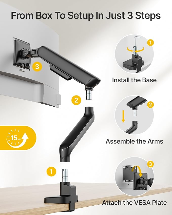 monTEK Single Monitor Arm, Mechanical Spring Monitor Arm for 17-40" Ultrawide Screens, Adjustable Monitors Desk Mount Holds up to 24.2 lbs with C Clamp/Grommet Desk Mount, VESA 75/100mm, MA1011BK