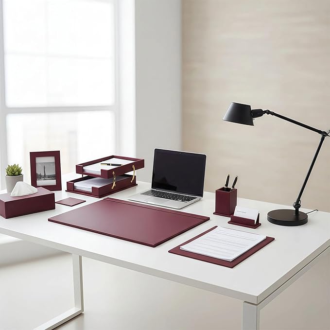 RitPin Desk Set，11-Piece Leather Desk Organizer Set, Executive Office Accessories with Desk Pad & Blotter, 2-Tier Tray, Pen Holder & More, Professional Office Desk Decor & Gift Set (Burgundy)