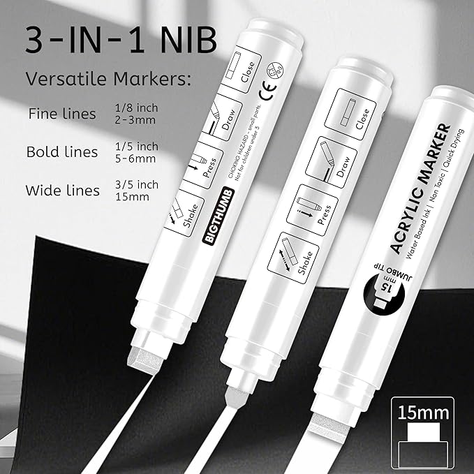 BIGTHUMB Jumbo Poster Markers Set: 12 Colors Large 15mm Wide Tip Permanent Ink Thick Acrylic Paint Pens for Rock Painting, Stone, Glass, Wood, Ceramic, Metal, Plastic, Fabric