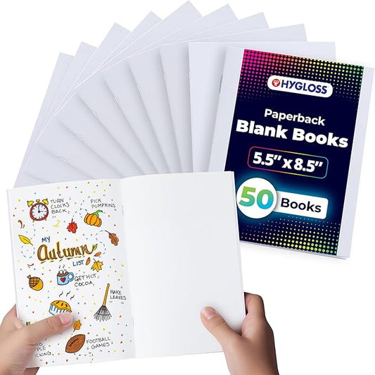Hygloss Blank Books - Bulk 50 Pack – 5.5" x 8.5" A5 White Paperback Blank Books for Kids to Write Stories, Doodle, Arts & Crafts – Plain Drawing Sketchbook, Unlined Journal, Notebook Without Lines