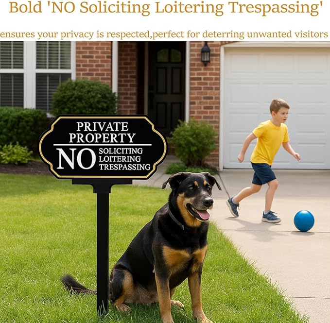 Private Property No Trespassing Sign with Stake, No Soliciting Sign for House 5x10 inch/35 inch High, for Front Door/Lawns/Gardens and Business