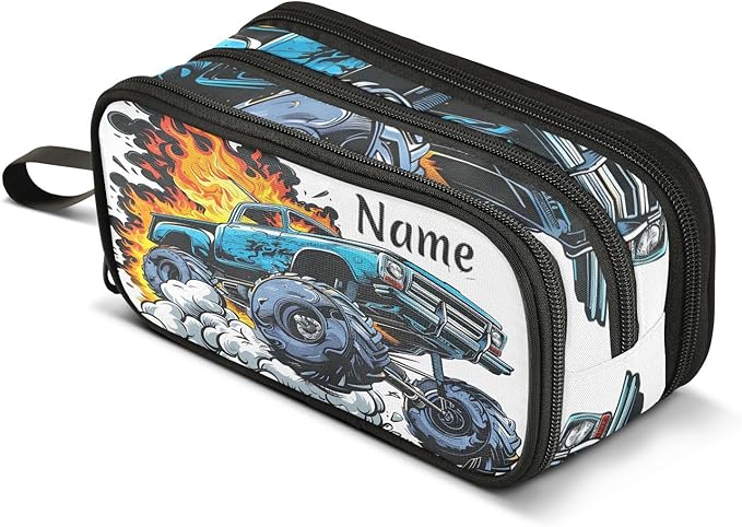 BOENLE Custom Truck Flame Pencil Case Box Boys Girls Personalized Name Large Pencil Pouch Stationery Pen Bag Organizer for Kids Adults School Office