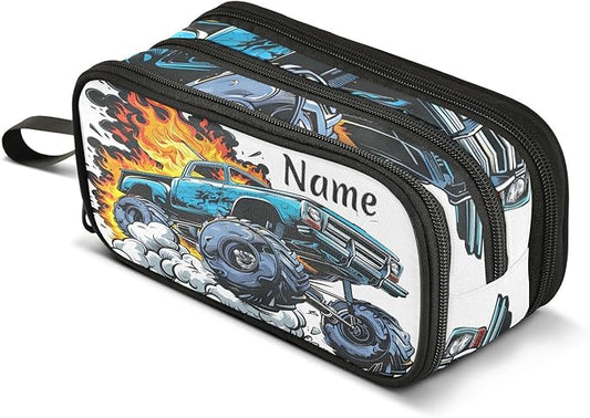 BOENLE Custom Truck Flame Pencil Case Box Boys Girls Personalized Name Large Pencil Pouch Stationery Pen Bag Organizer for Kids Adults School Office