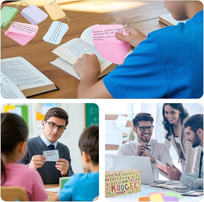 Koogel 1080PCS Index Cards with Rings for School, 2.2 x 3.5 Inch, Colored Flash Cards for Studying, Portable Notecard for Classroom Tests Preparation Teacher Education Office Supplies, 6 Colors
