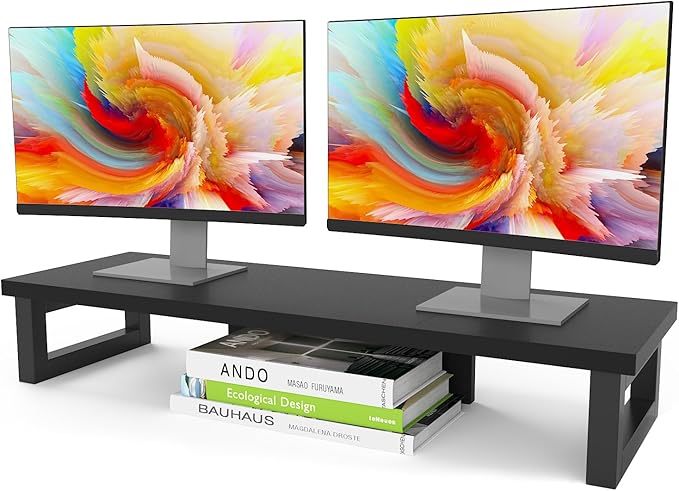 WESTREE Dual Monitor Stand Riser, Wood and Steel Monitor Stand Riser, Computer Monitor Stand for 2 Monitors, Multi-Purpose Desktop Storage Stand for Computer,Laptop,Printer,TV