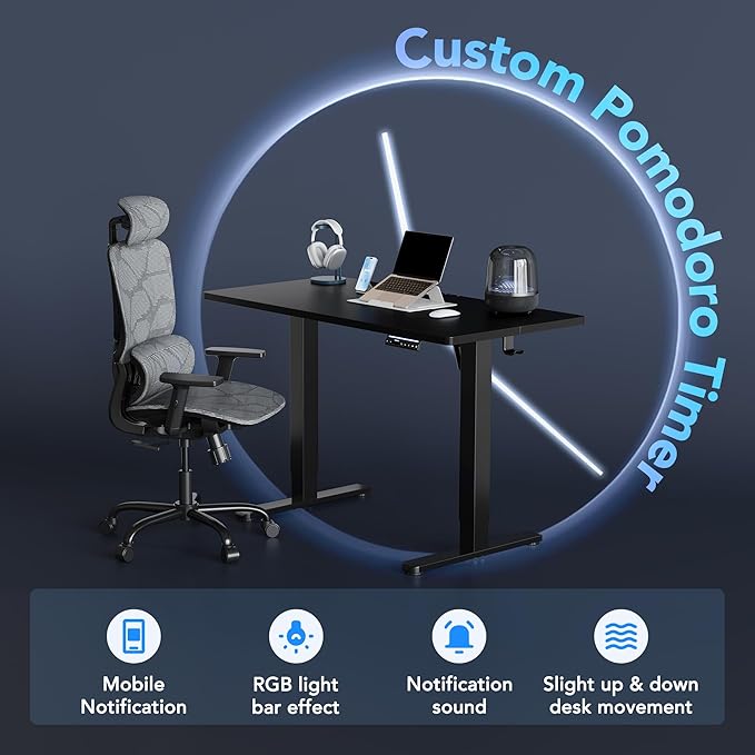 HUANUO AI-Powered Electric Standing Desk with Smart APP, Compatible with Alexa & Google, Adjustable Height, 6 Memory Settings, Sedentary Reminder, Ergonomic Sit-Stand Desk, 55-inch, Black