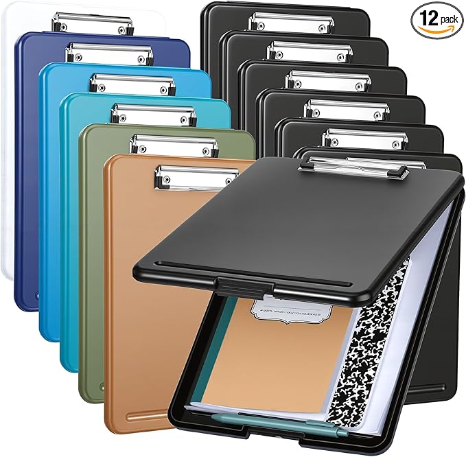 Ireer 12 Pcs Plastic Clipboard with Storage Heavy Duty Portable Writing Boards for 150 Sheet A4 Paper with Pen Holder Large Capacity Clipboards for Nurse Teacher Student Classroom Office (Deep Color)