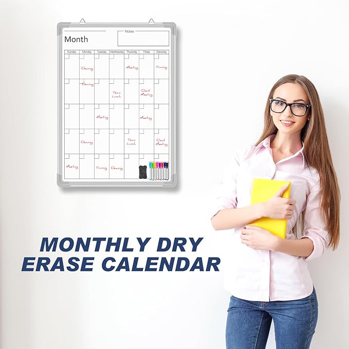 Lincia 24" x 18" Magnetic Vertical Monthly Dry Erase Calendar for Wall Undated Horizontal Dry Erase Calendar Planner Aluminum Frame Whiteboard for Home Office Projects Wall Fridge