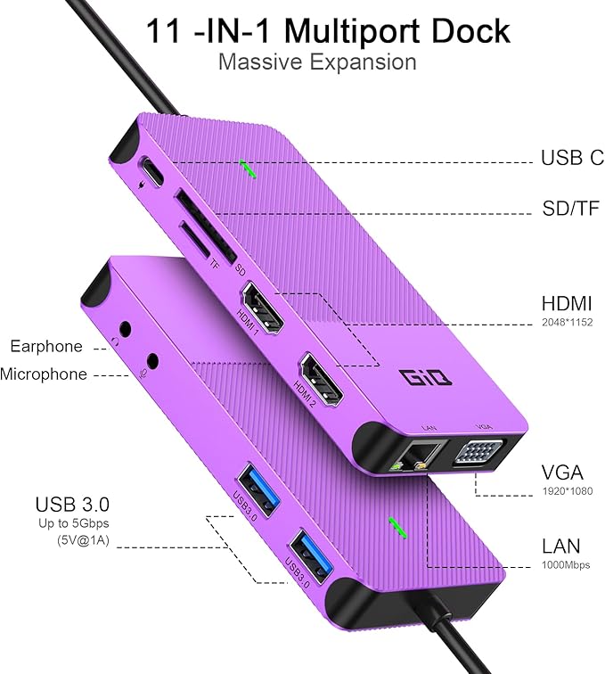 USB Docking Station GIQ USB C HUB USB 3.0 to Dual HDMI VGA Adapter Triple Display USB C Laptop Docking Station Dual Monitor HDMI Splitter Extender Compatible with MacBook M1 M2 USB Dock-Purple