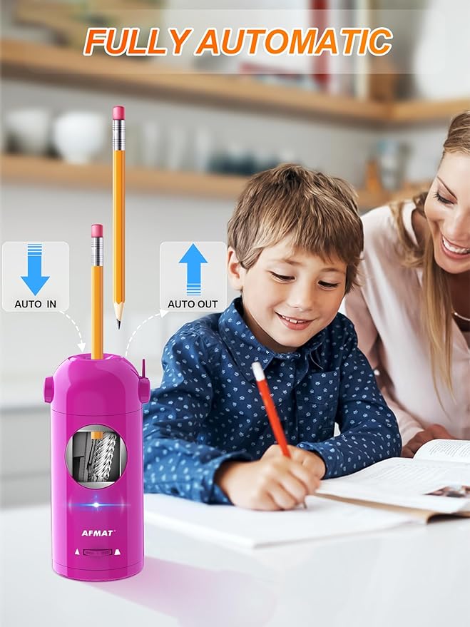 AFMAT Electric Pencil Sharpener, Fully Automatic Pencil Sharpener for Classroom, 7-11.5mm Colored/Jumbo Pencils, Auto in & Out, Rechargeable Hands-Free Sharpener for Home Office PSX5, Pink