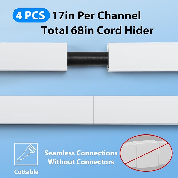 Cord Hider Wall for One Cord 136in, ZhiYo Cord Covers for Wires on Wall, Easy Install Cable Cover Wall, Black Cable Raceway Hide Cords, Cable Hider Cord Management Wall, 8X L17in, W0.6in H0.4in