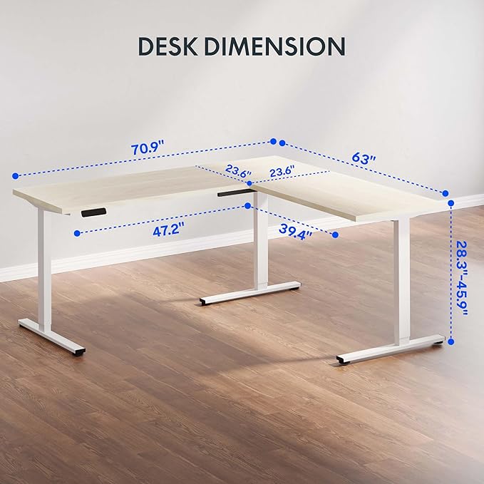 FLEXISPOT L Shaped Standing Desk, 71 x 63 Inch Electric Height Adjustable Corner Desk, Sit Stand Computer Workstation, Preset Controller, Home Office, White Frame with Maple Top