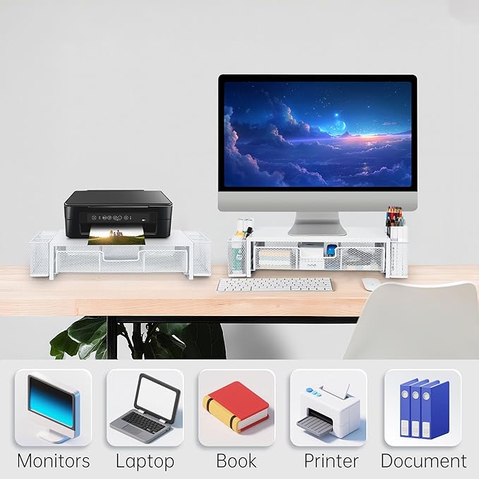 Qupui Computer Monitor Stand Riser with Drawer and Pen Holders, Desk Organizer Shelf and Accessories, Office Desk Accessories, Office Organization, White