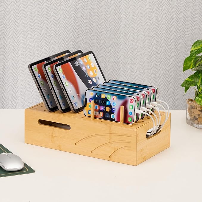 Cozivolife Bamboo Charging Station for Multiple Devices, Charger Organizer Desk Docking Stations Rack for Phones, Tablets, Laptop, Perfect to Work from Home (Natural, M)