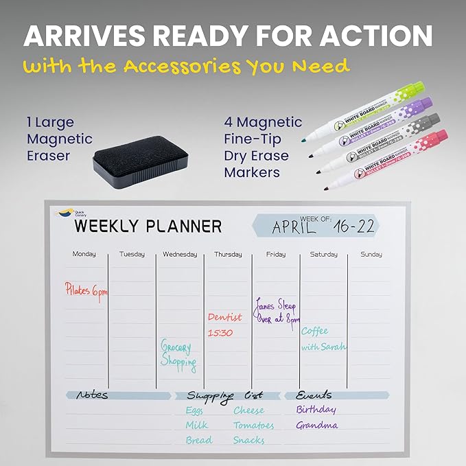 Magnetic Weekly Planner for Fridge - 17x12” Stain-Resistant Dry Erase Whiteboard Fridge Calendar with Large Writing Space for Schedules, Chores & Meals - Includes 4 Markers & Eraser