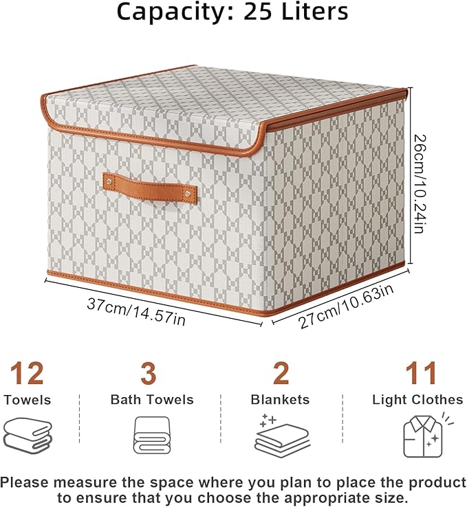 Tuza 4 Pack Fabric Storage Bins with Lids, Collapsible Closet Organizer Container, Decorative Storage Boxes with Lids for Organizing Clothes, Blanket, Grey & White, Medium