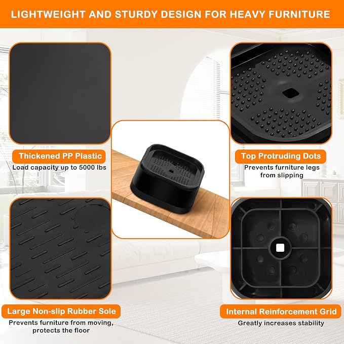 shouwuhho 24 Pack Furniture Risers Adjustable Bed Risers Heavy Duty Lifts Height 1", Square Stackable Bed Risers 1, 2 or 3 Inch for Desk Leg Table Couch Sofa Chair Bed Frame Legs Dorm, Black