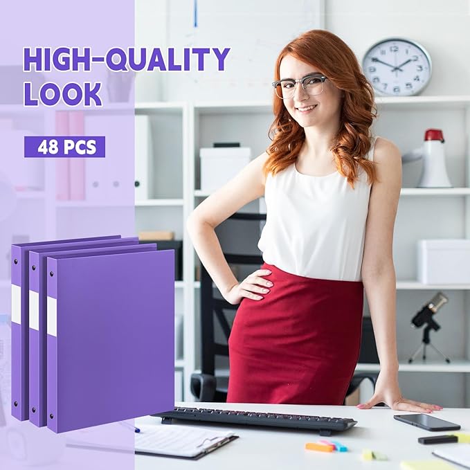 Henoyso 48 Pcs 3 Ring Binder 0.5 Inch Round Fits Letter Size 8.5'' x 11'' Paper Plastic Flexible Binder Bulk Holds 140 Sheets with 1 Pockets Versatile Organizer for Home Office School (Purple)